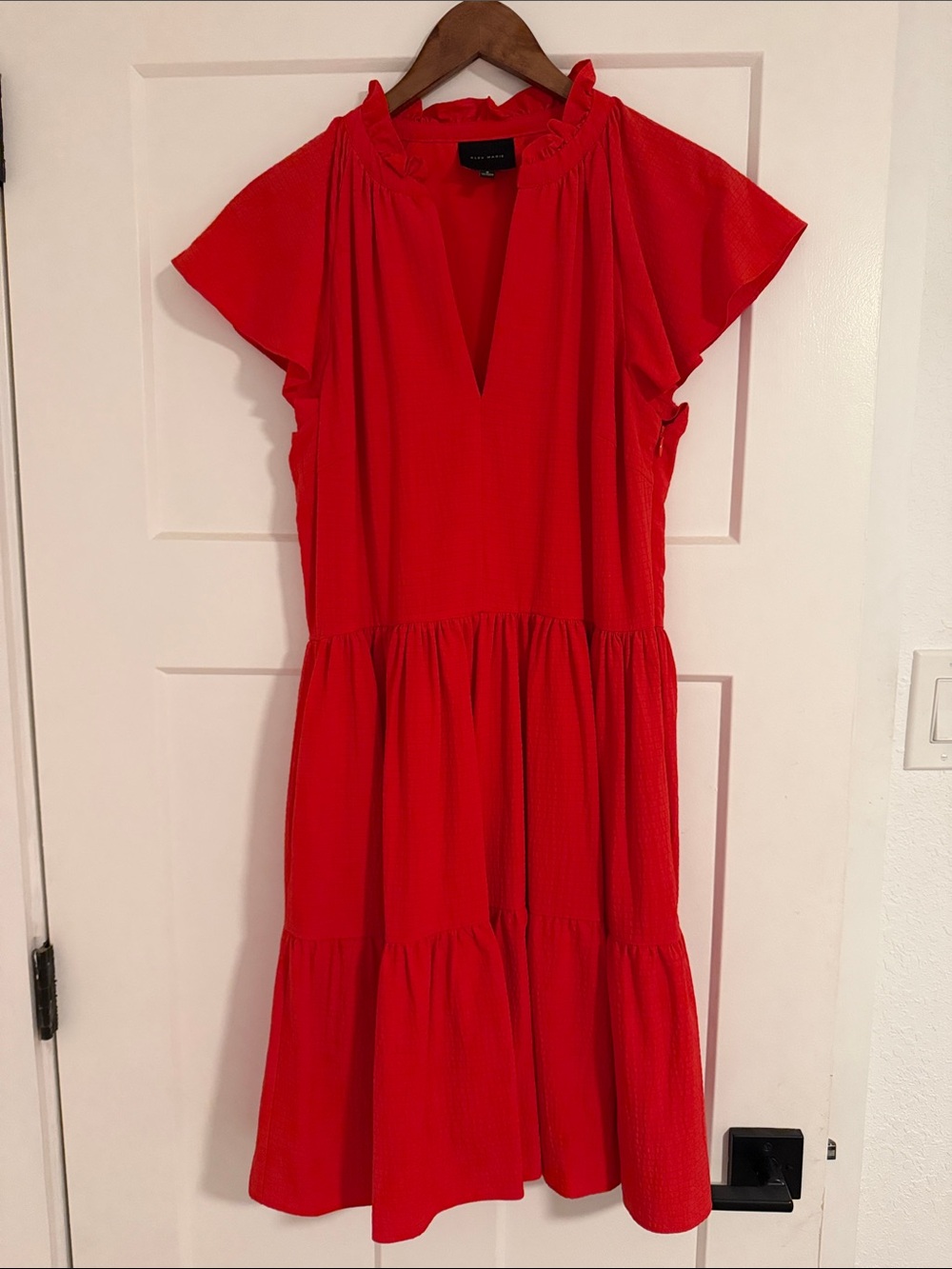 Alex Marie Red Tiered V-Neck Flutter Sleeve Midi Dress